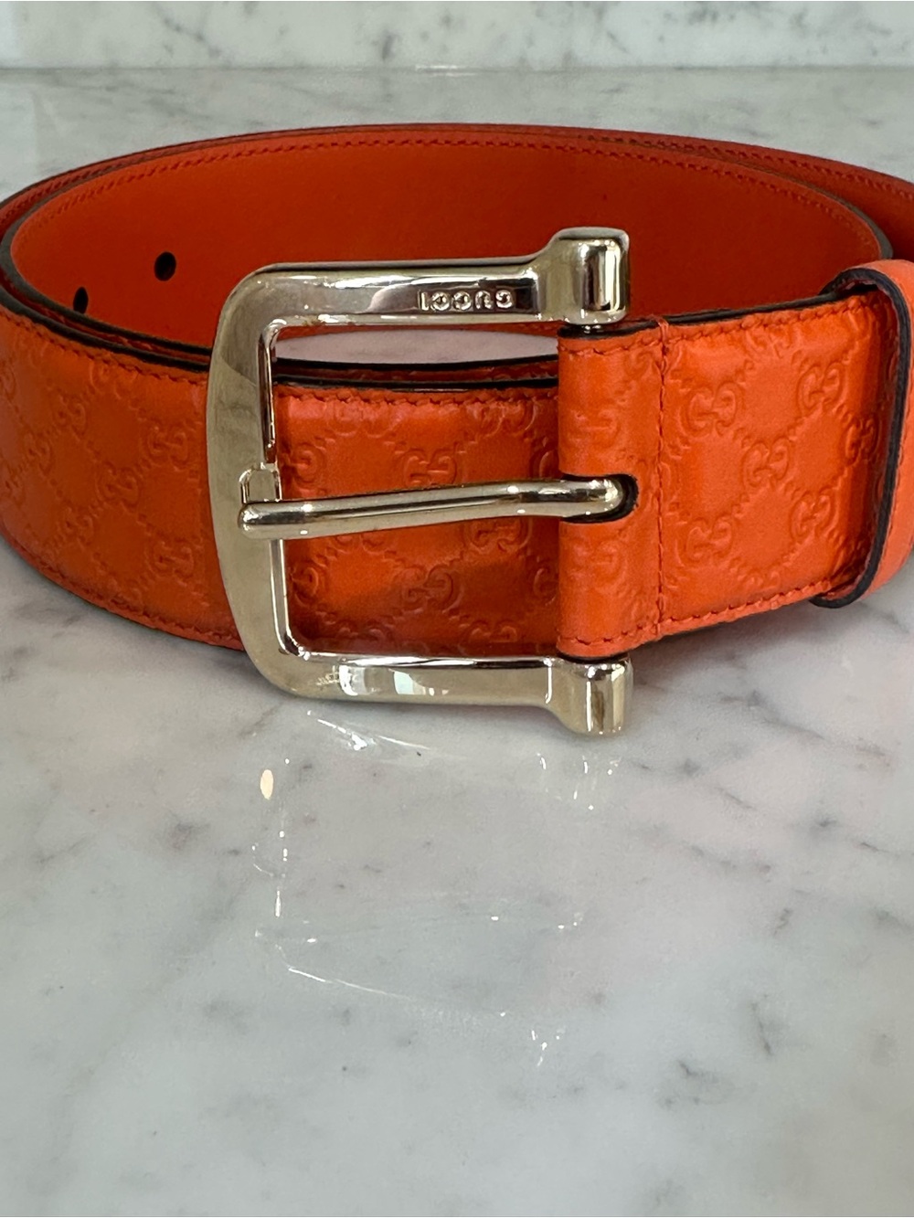 Gucci Orange GG-Embossed Leather Belt with Silver Buckle